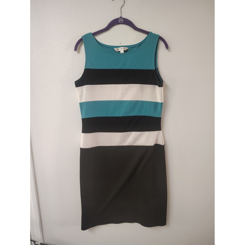 AA Studio Women Sleeveless‎ Colorblock Striped Sheath Dress Teal Black White 10